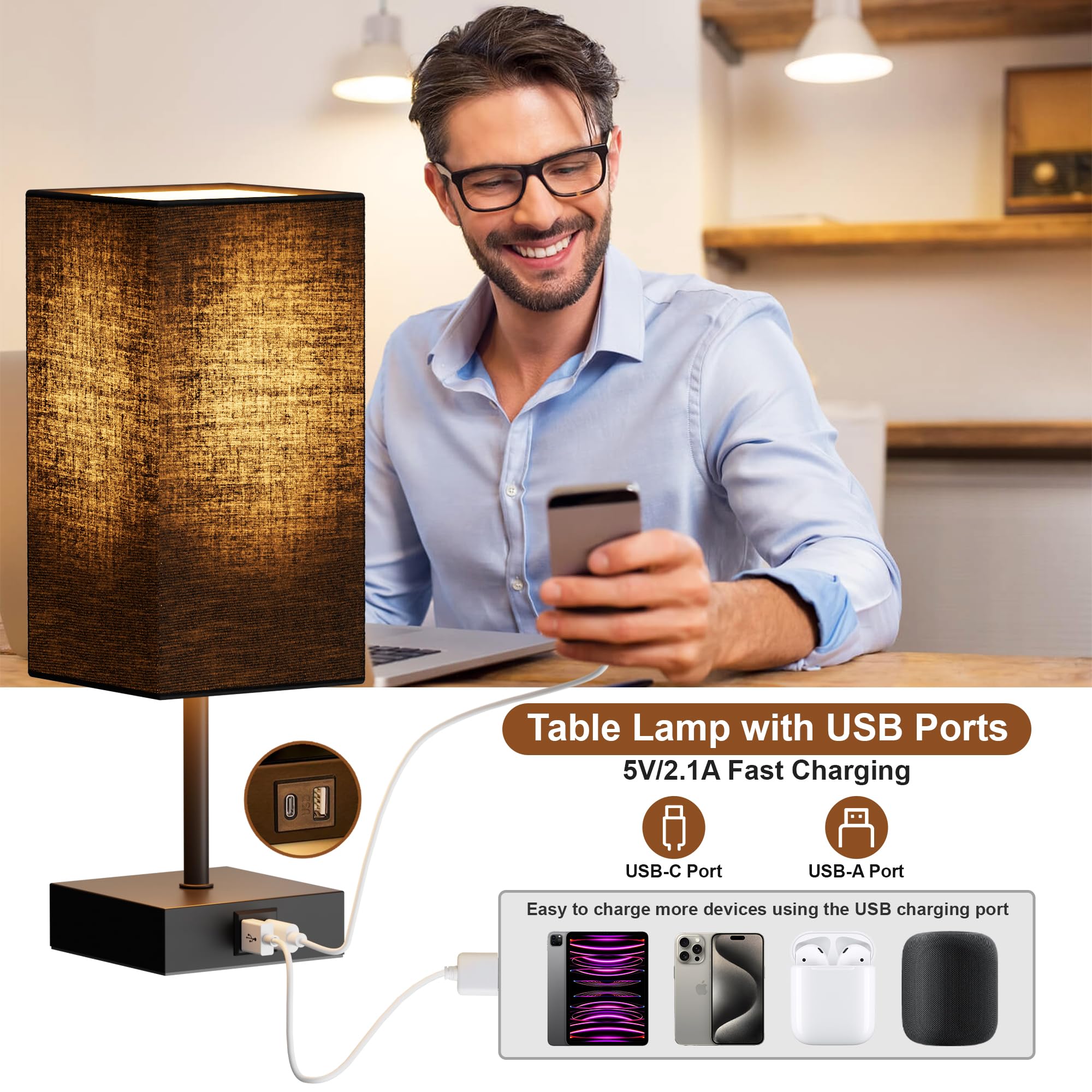Sailstar bedside lamp with USB-C and USB-A ports for charging devices