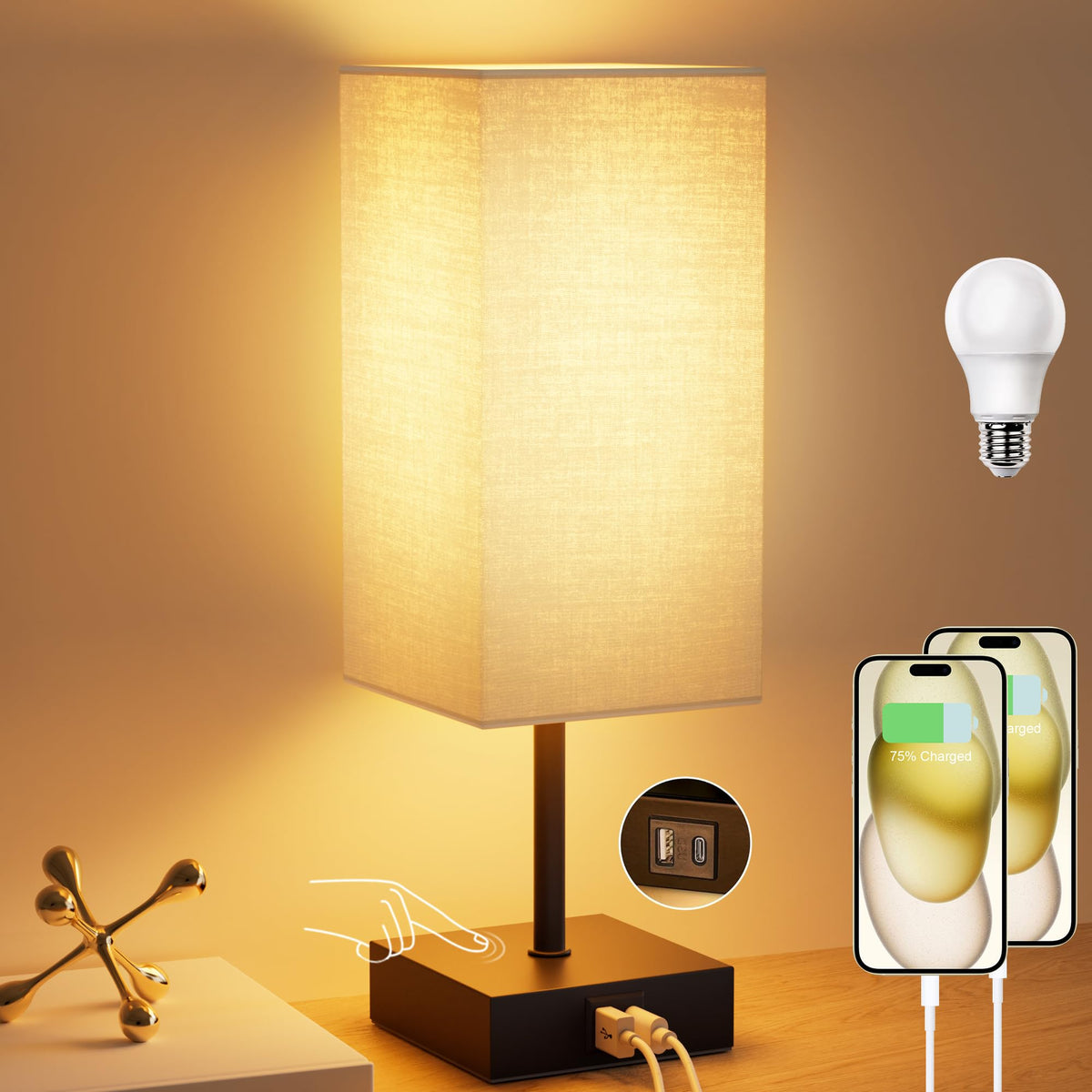 Sailstar bedside lamp with USB-C and USB-A ports for easy charging at night