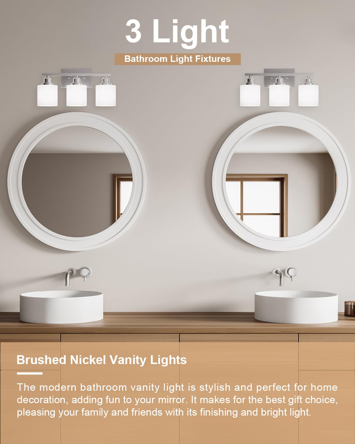 Sailstar vanity light features glass shades that diffuse light in a sleek daytime setting.