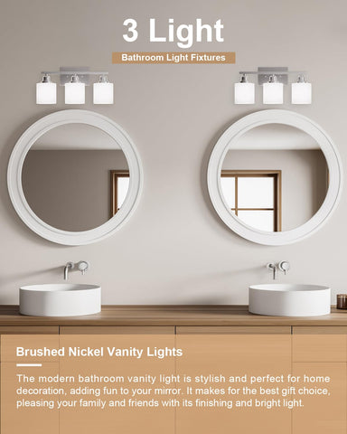 Sailstar vanity light features glass shades that diffuse light in a sleek daytime setting.