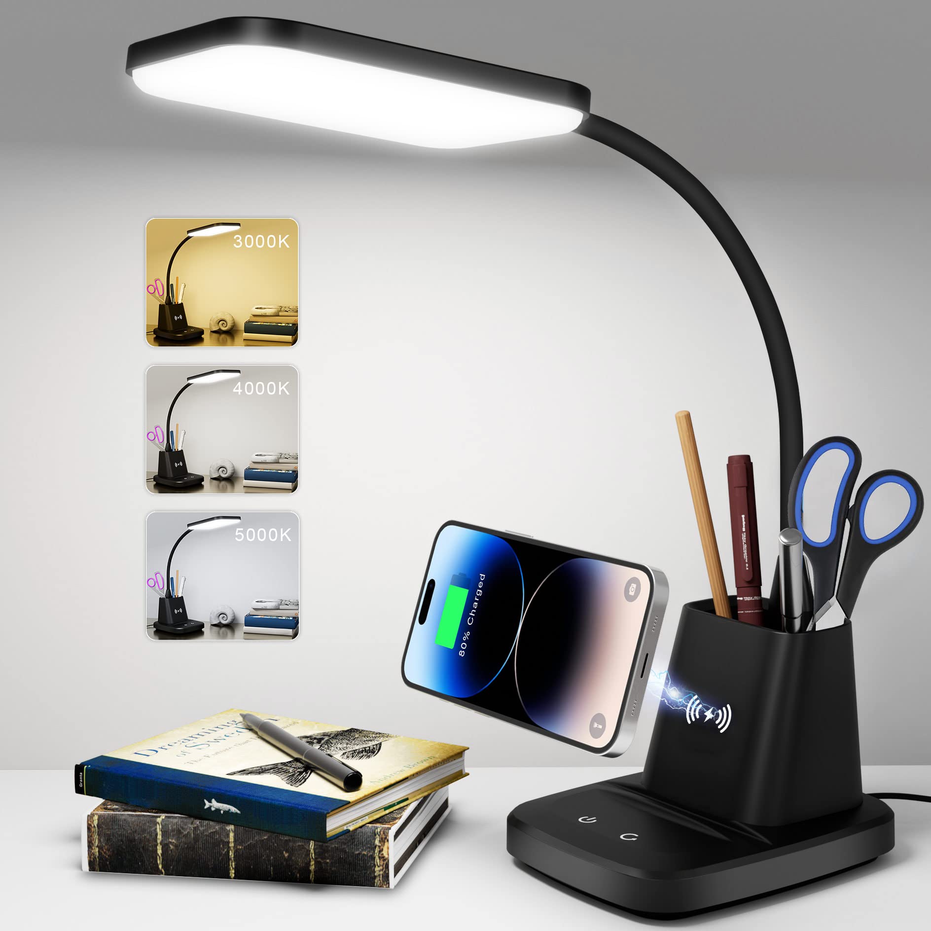 Sailstar Desk Lamp with wireless charger on a desk showing convenient charging
