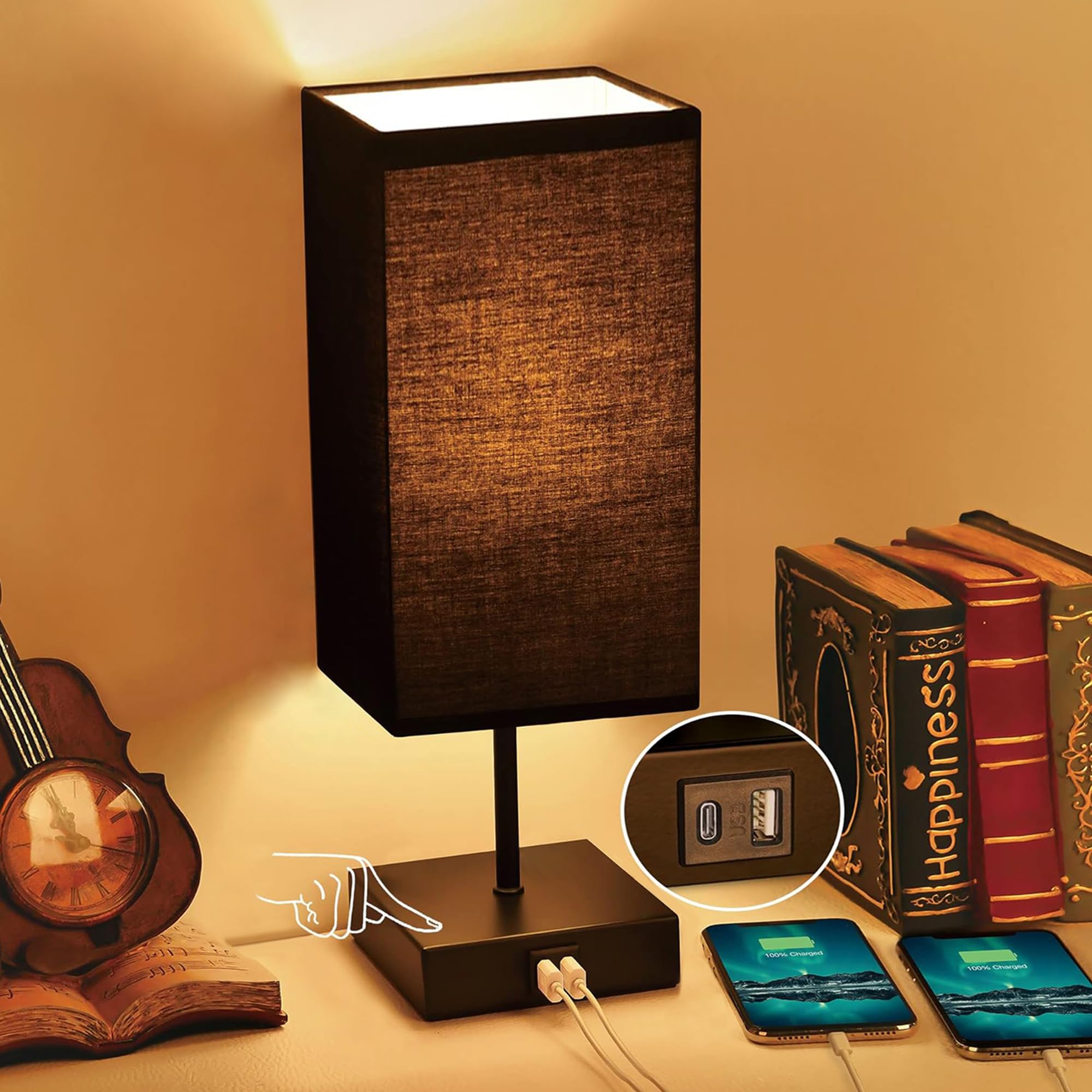 Sailstar table lamp with black base and square shade for a cozy bedroom ambiance.