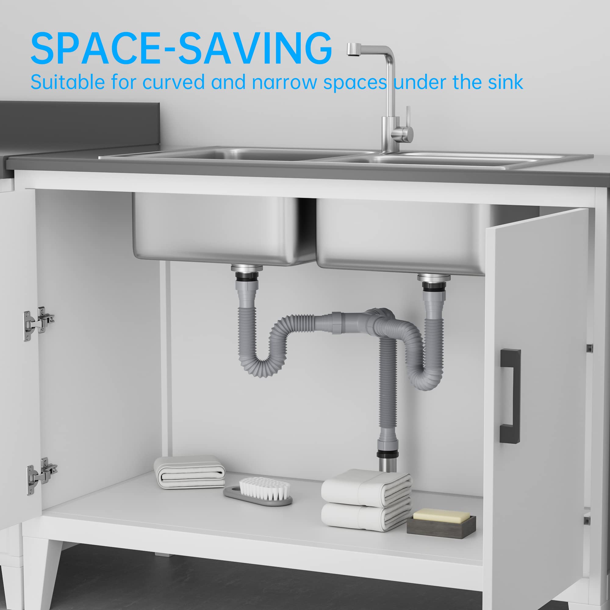 SAINT NIEVE expandable P-Trap adapts from 9 to 20 inches for tight under-sink spaces.