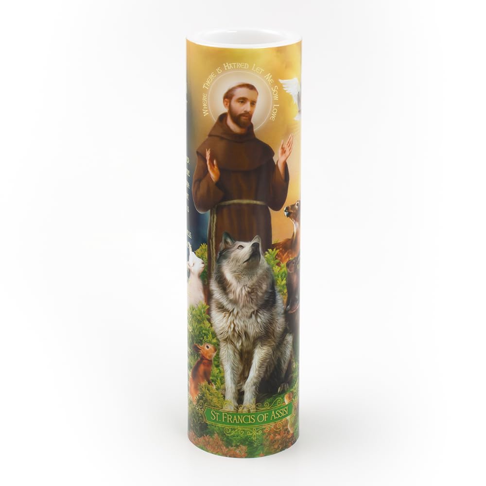 THE SAINTS COLLECTION St Francis flameless candle front view with gentle glow ideal for safe ambiance