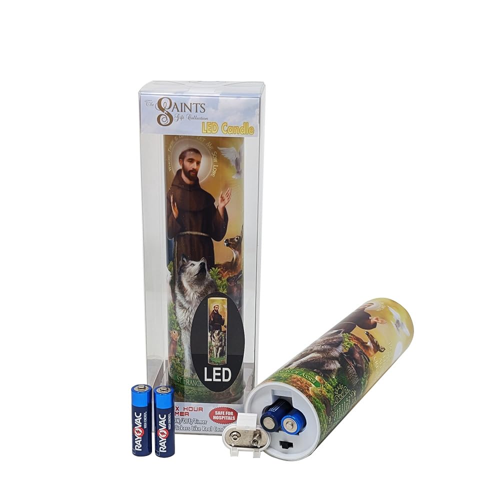 THE SAINTS COLLECTION St Francis candle battery compartment access