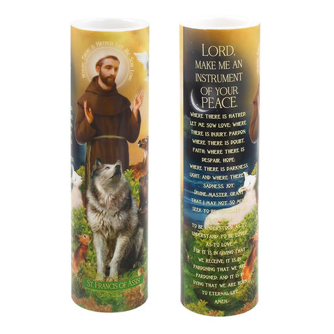THE SAINTS COLLECTION St Francis candle back prayer card visible