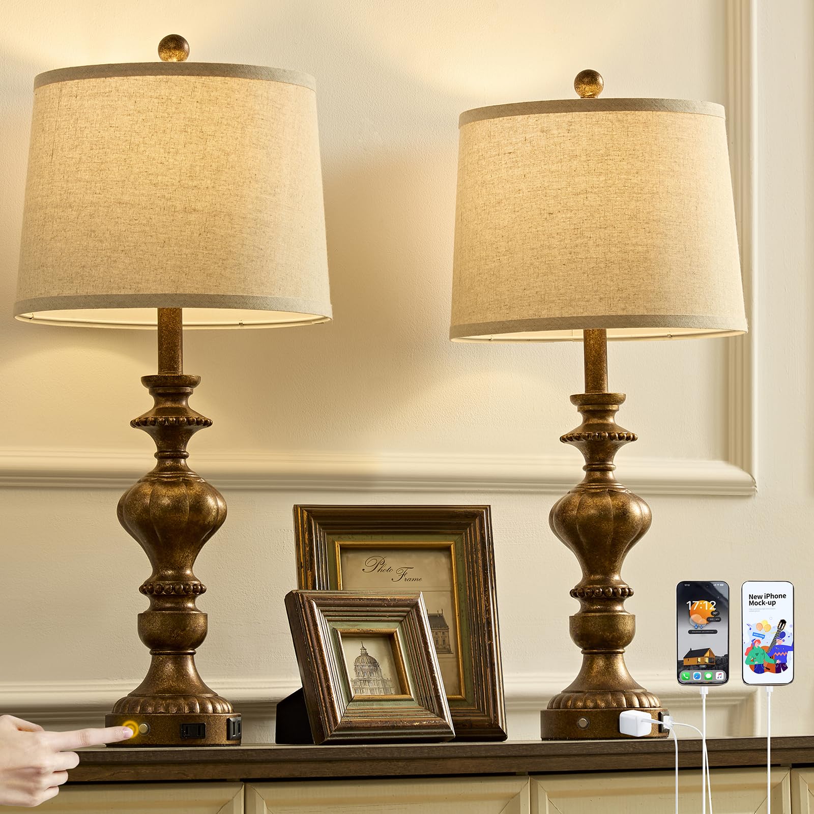 SAIWEYA 27.5-inch farmhouse lamps with copper base enhance dual nightstands ambiance