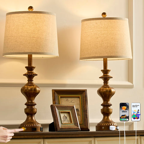 SAIWEYA 27.5-inch farmhouse lamps with copper base enhance dual nightstands ambiance