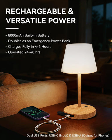 SAIWEYA cordless rechargeable table lamp shows portable, cable-free lighting anywhere.