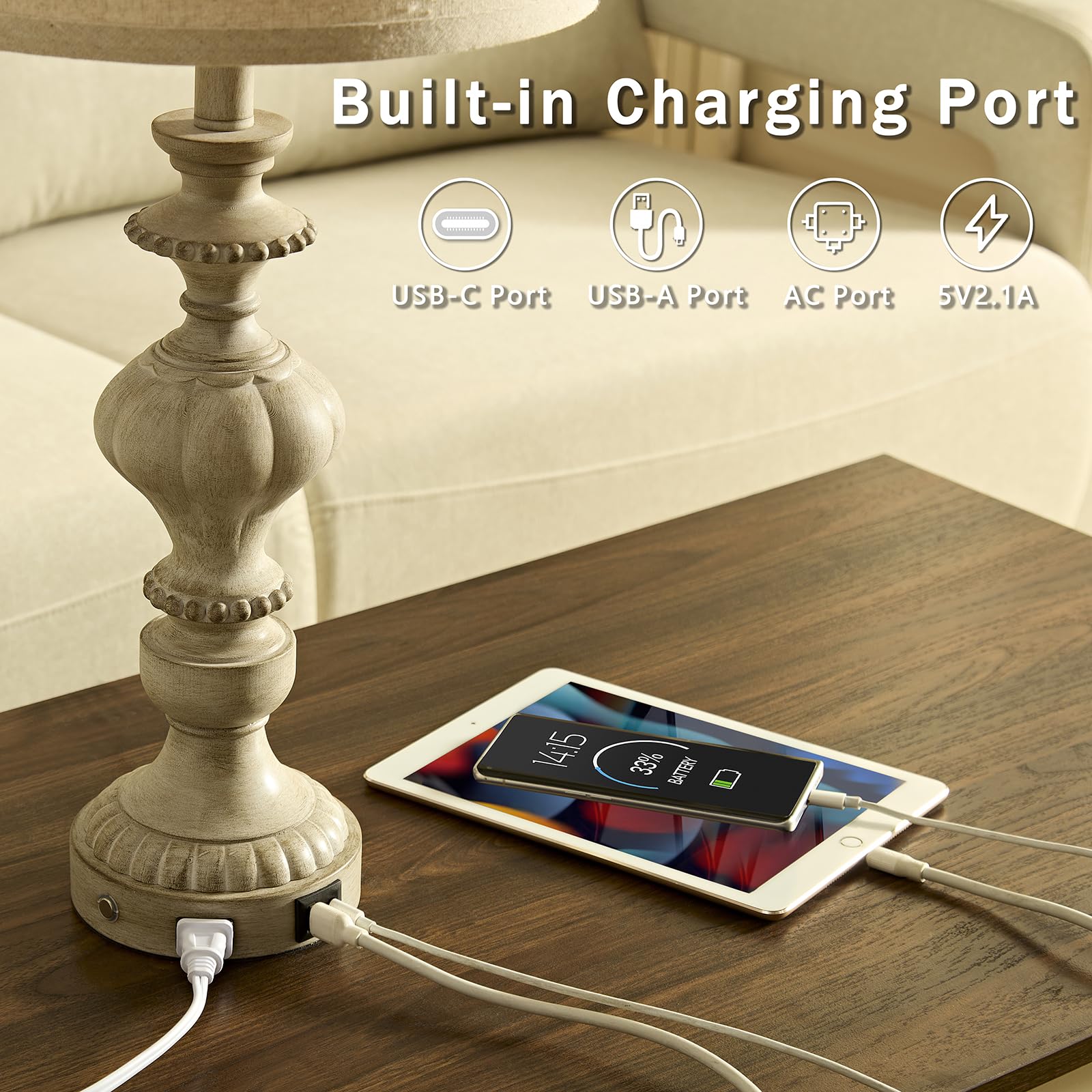 SAIWEYA table lamp with USB-C port and outlet keeps devices charged