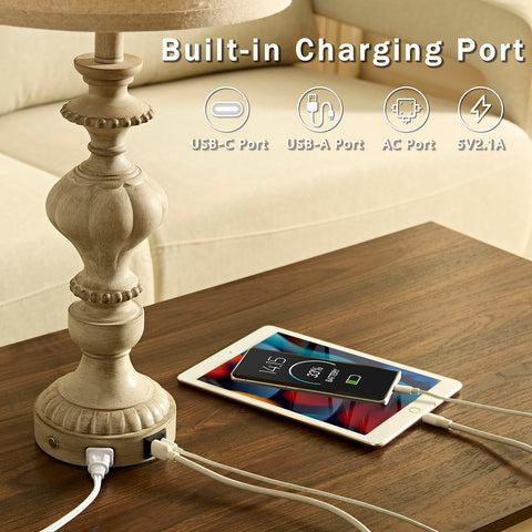 SAIWEYA table lamp with USB-C port and outlet keeps devices charged
