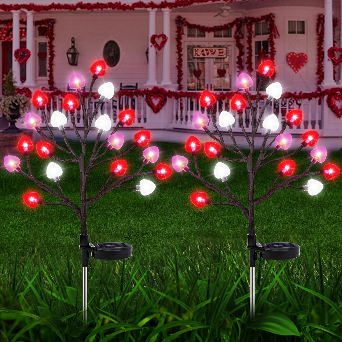 Sakayo Valentine solar lights with heart-branch design brighten outdoor spaces for romantic decor.