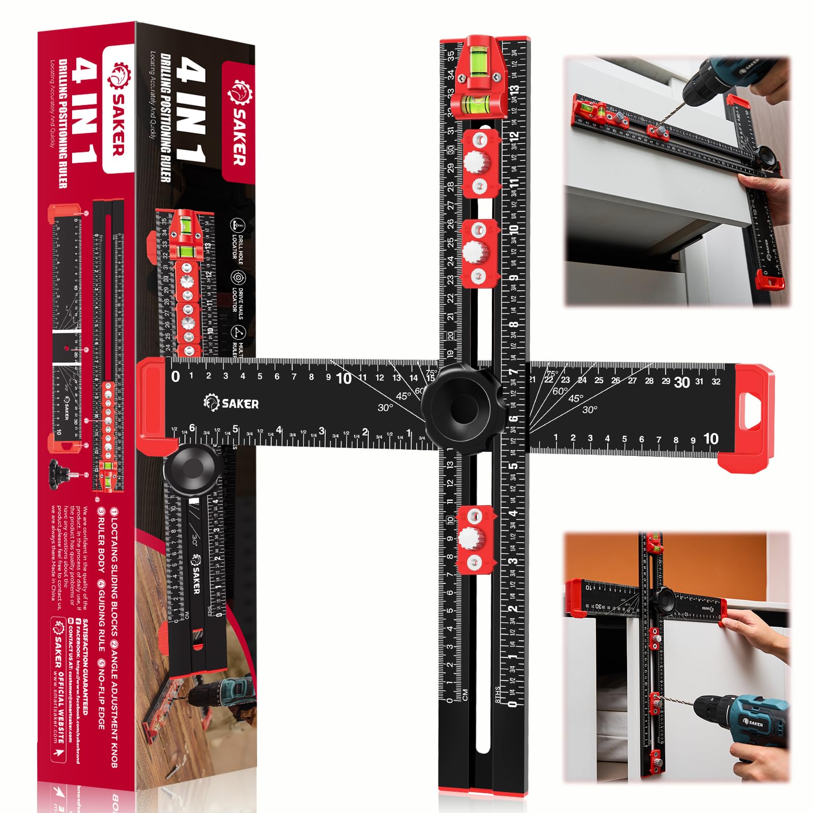 Saker 4-in-1 drilling ruler showing precise alignment for cabinetry