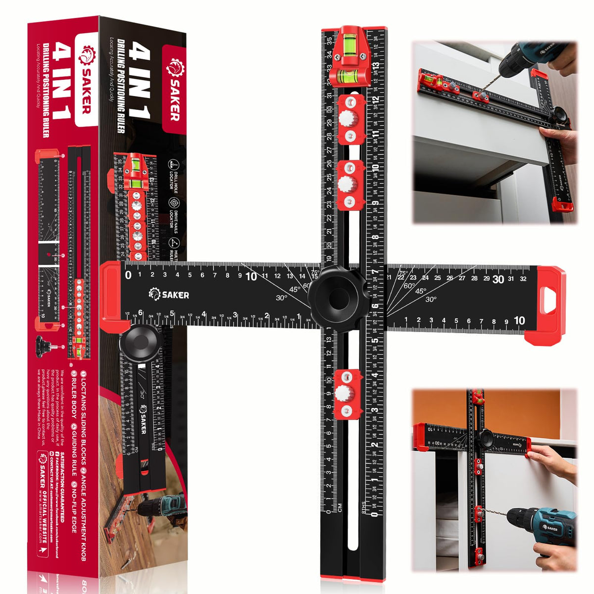 Saker 4-in-1 drilling ruler showing precise alignment for cabinetry