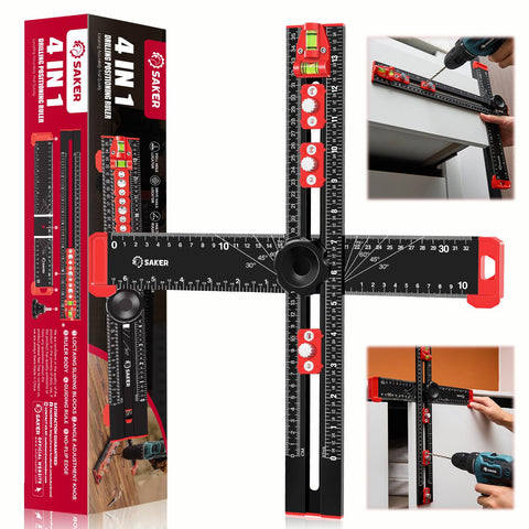 Saker 4-in-1 drilling ruler showing precise alignment for cabinetry