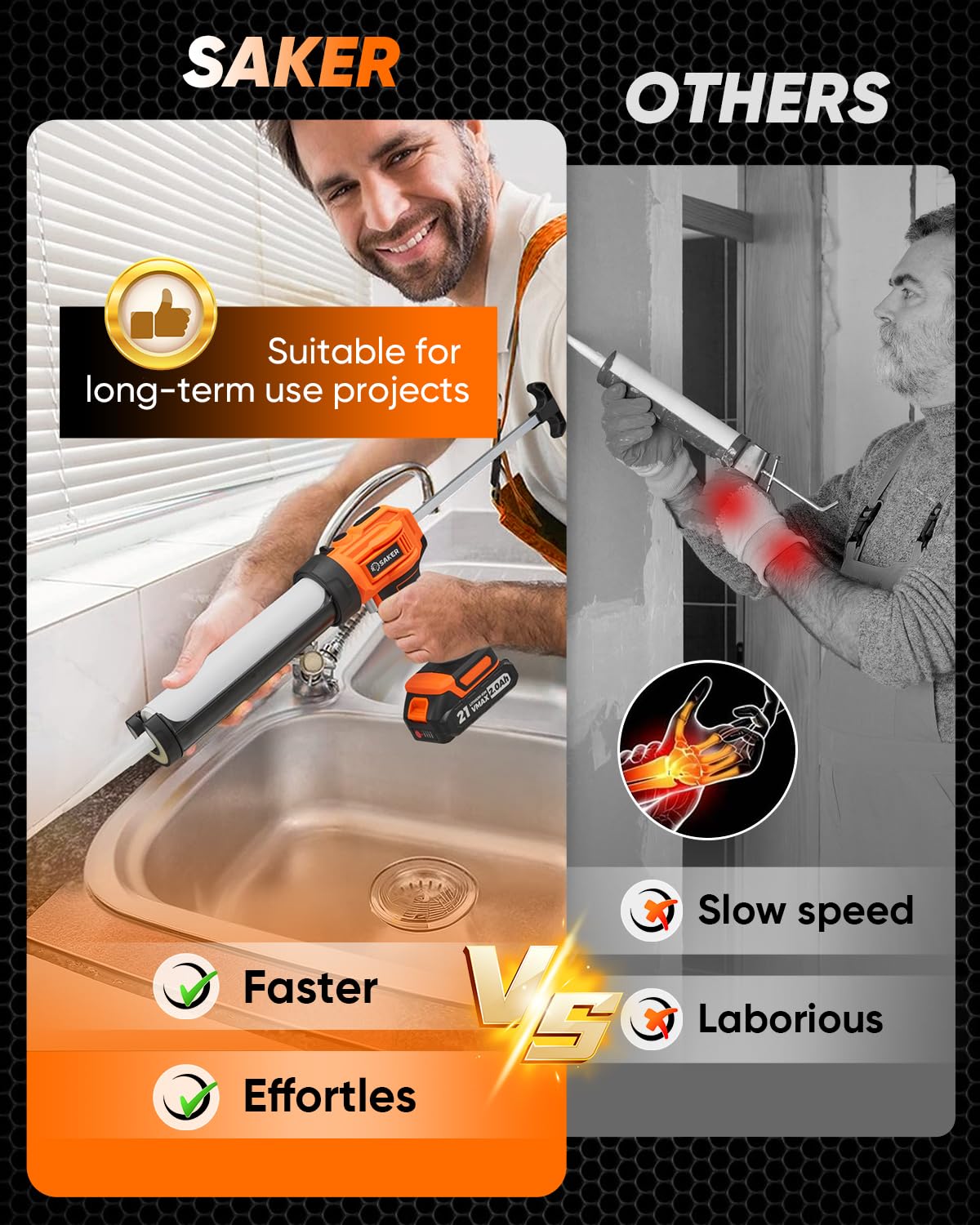Saker 4-speed control enables precise or rapid caulking depending on need.