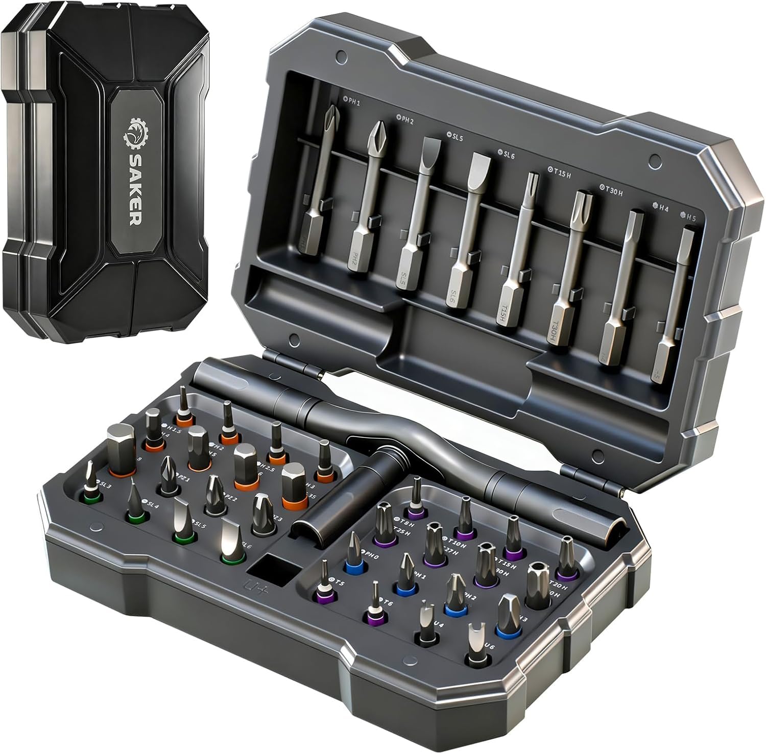 Saker 42in1 magnetic screwdriver kit with T-handle close-up showing secure bits for quick repairs.