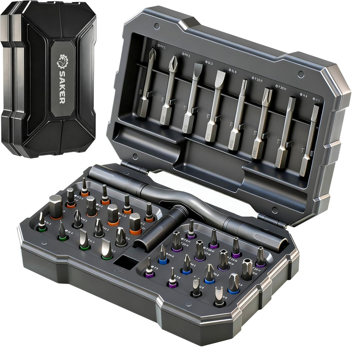 Saker 42in1 magnetic screwdriver kit with T-handle close-up showing secure bits for quick repairs.