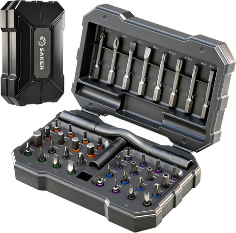 Saker 42in1 magnetic screwdriver kit with T-handle close-up showing secure bits for quick repairs.