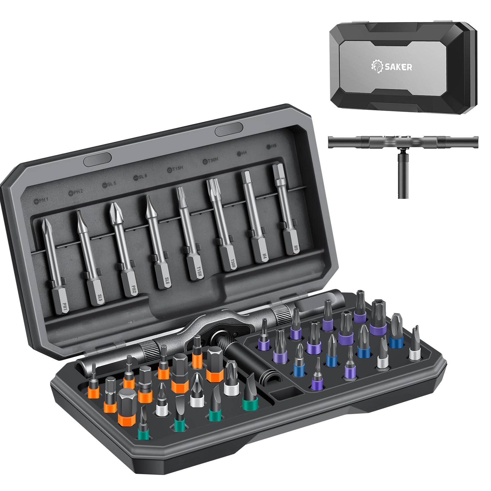 Saker 42-in-1 screwdriver with ergonomic T-handle for comfortable DIY tasks.