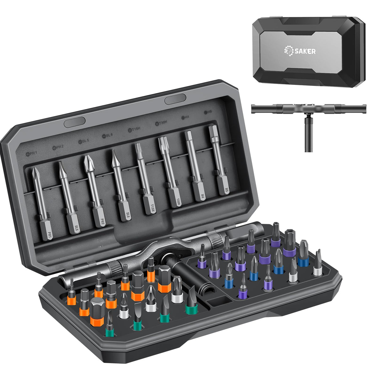 Saker 42-in-1 screwdriver with ergonomic T-handle for comfortable DIY tasks.