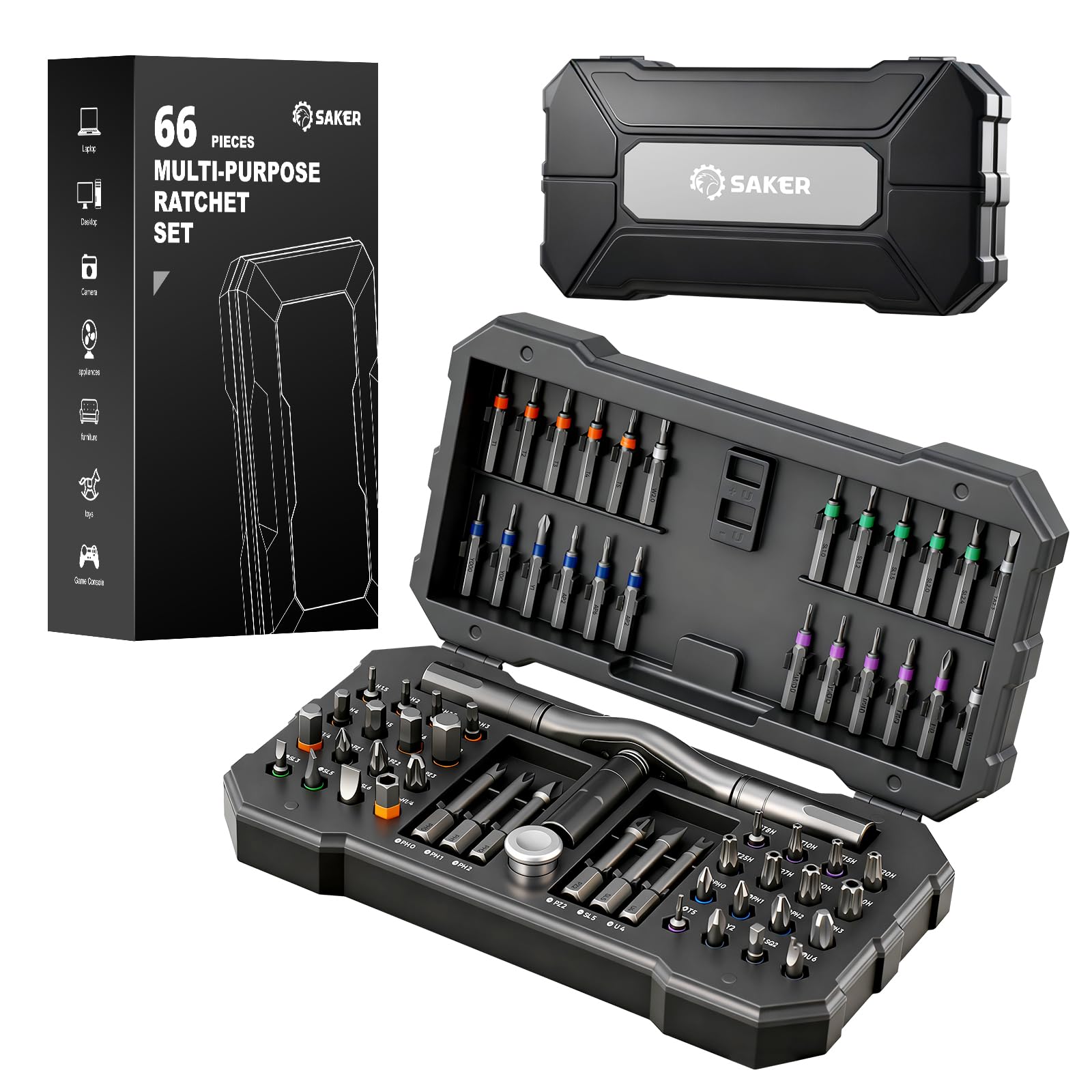 Saker 66-in-1 magnetic screwdriver set in a compact case for easy transport.