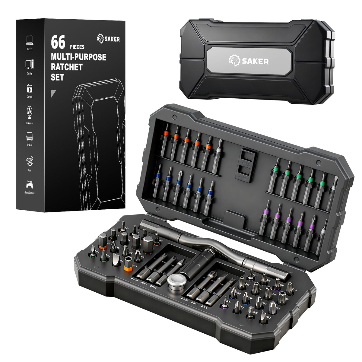 Saker 66-in-1 magnetic screwdriver set in a compact case for easy transport.