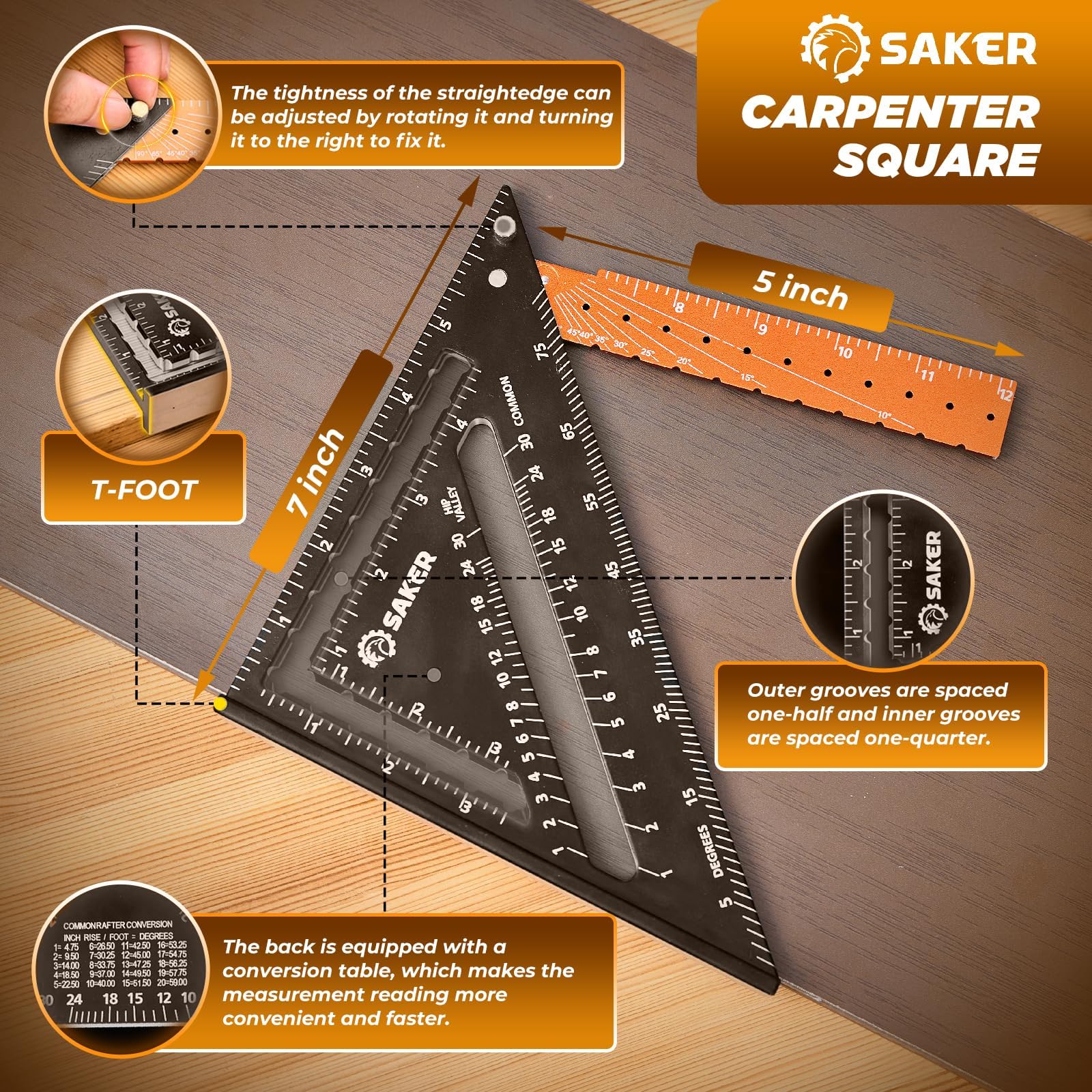 Saker carpenrer square tool durable construction with etched markings.