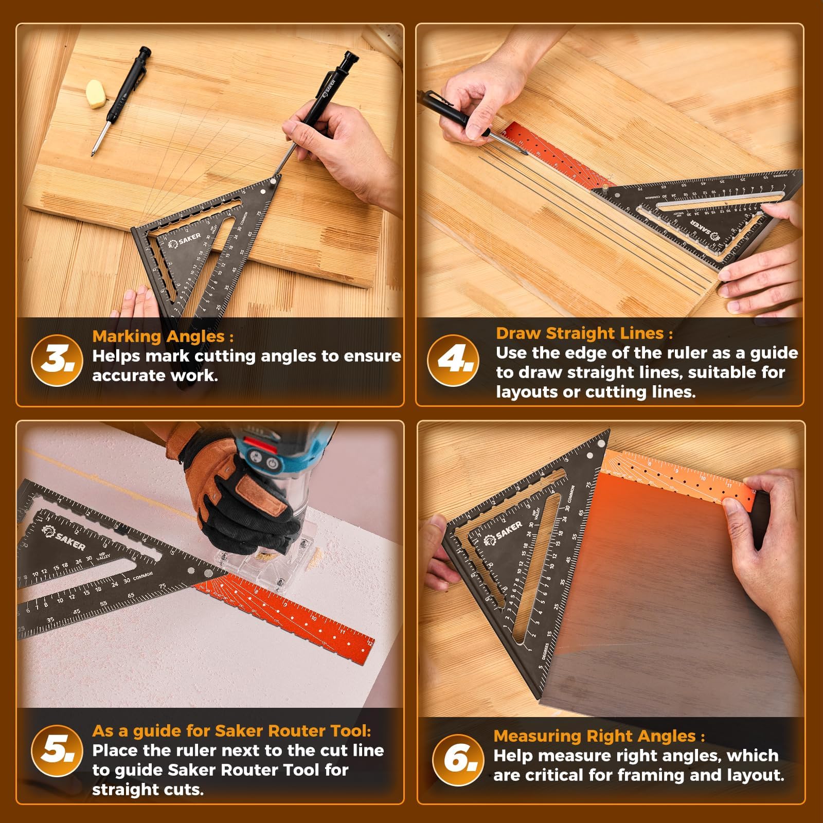 Saker carpenrer square tool clear markings and ergonomic grip.