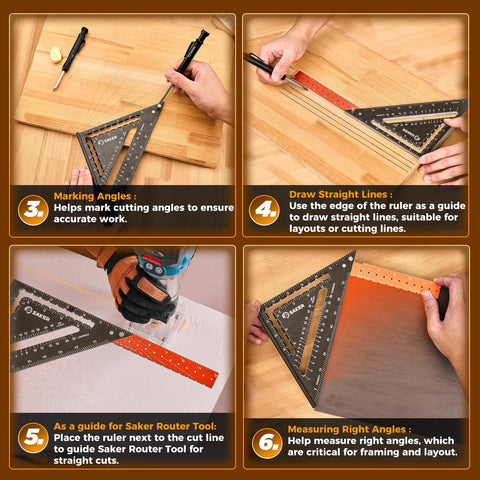Saker carpenrer square tool clear markings and ergonomic grip.