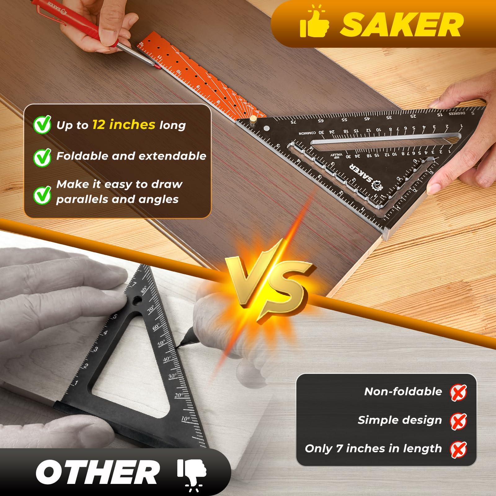 Saker carpenrer square tool versatile for straight and angle work.