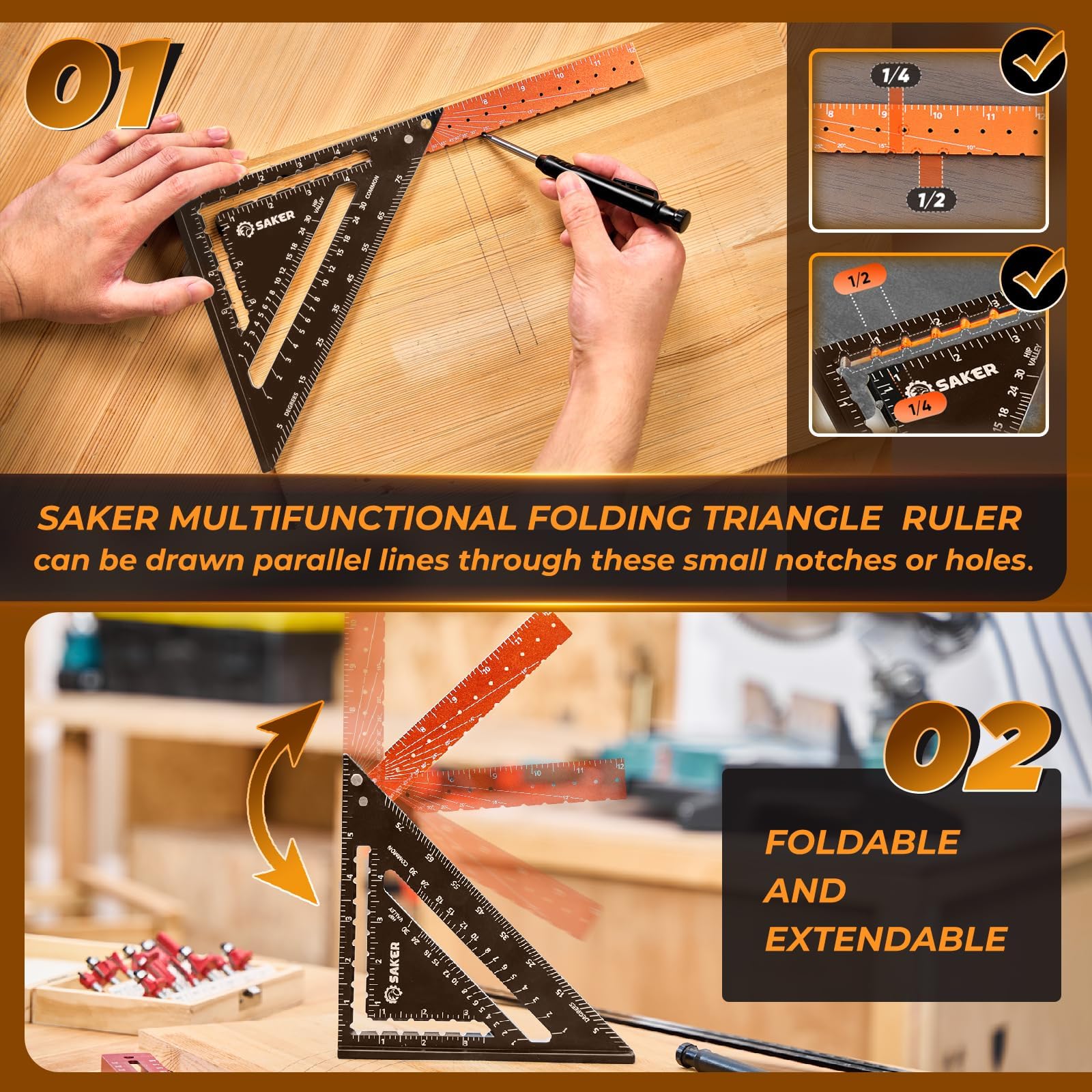 Saker carpenrer square tool multi-purpose ruler for precise layouts.