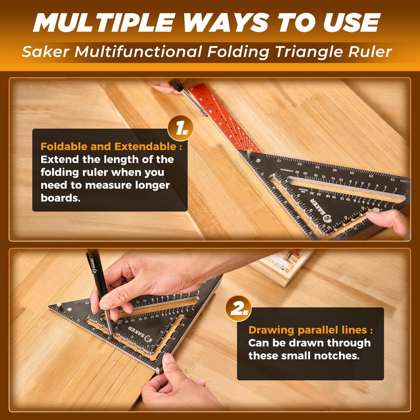 Saker carpenrer square tool unfolded marking range for larger layouts.