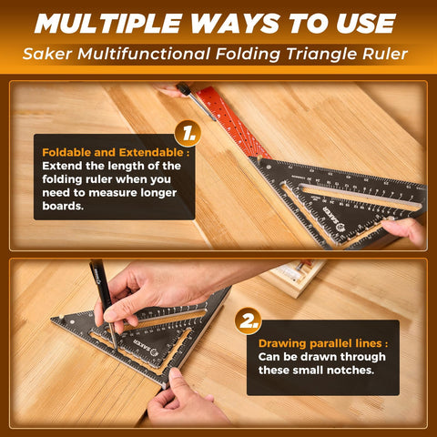 Saker carpenrer square tool unfolded marking range for larger layouts.