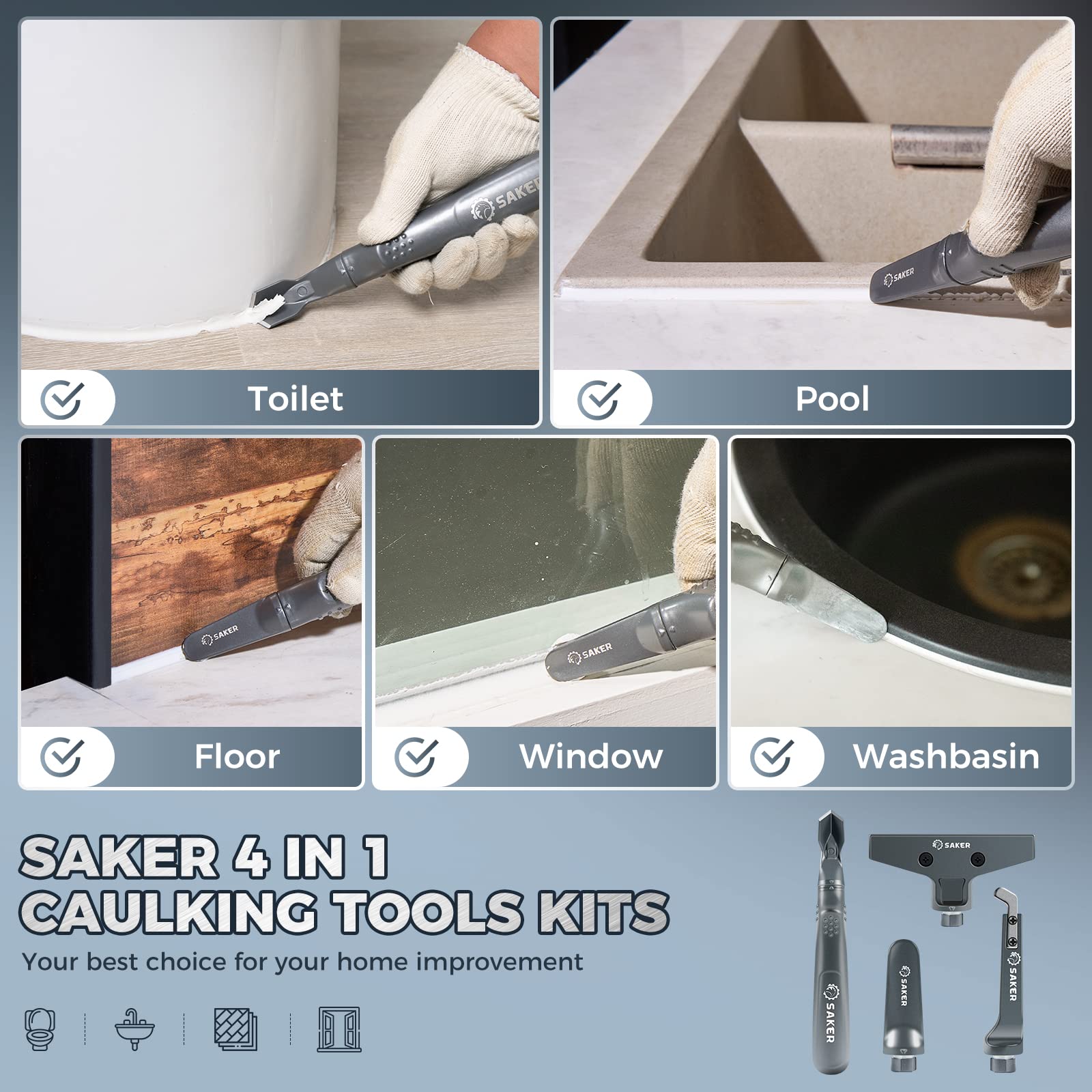 Saker caulking tool kit in compact storage for organized setup.