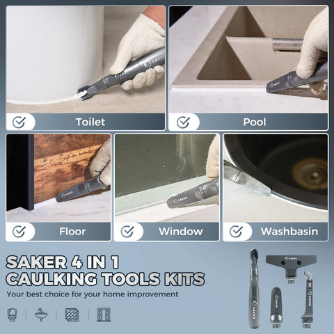 Saker caulking tool kit in compact storage for organized setup.