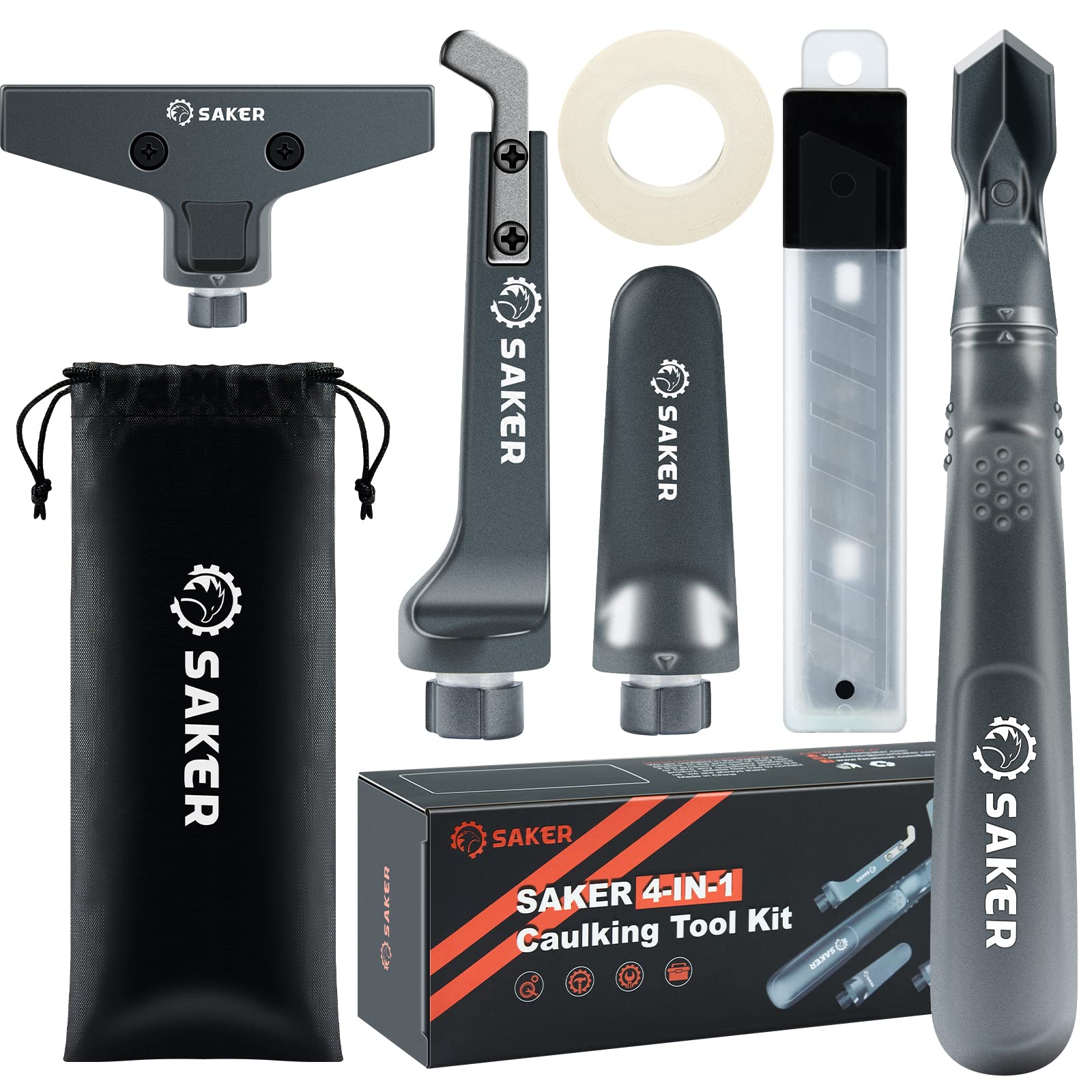 Saker caulking tool with ergonomic handle for easy use and control.