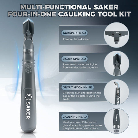 Saker caulking tool kit showing interchangeable heads for versatile tasks.