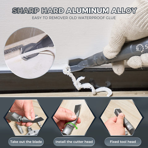 Saker scraper head removing old caulk to reveal clean edges.
