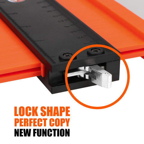 Saker contour gauge with adjustable lock ensures stable templates for repeat measurements.