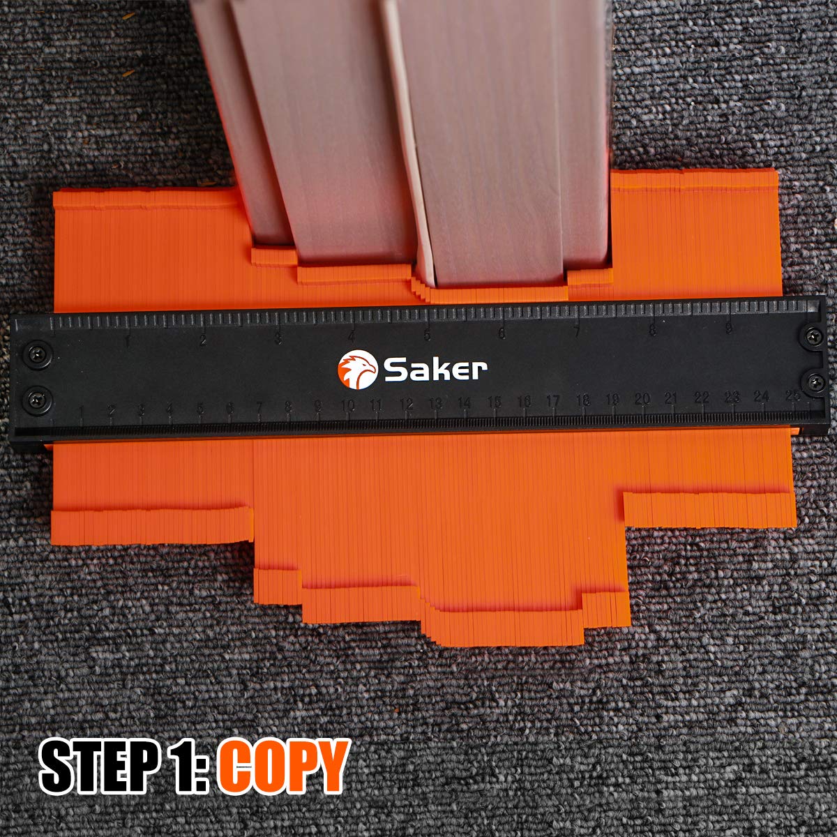 Saker contour gauge teeth lock in place for accurate tracing.
