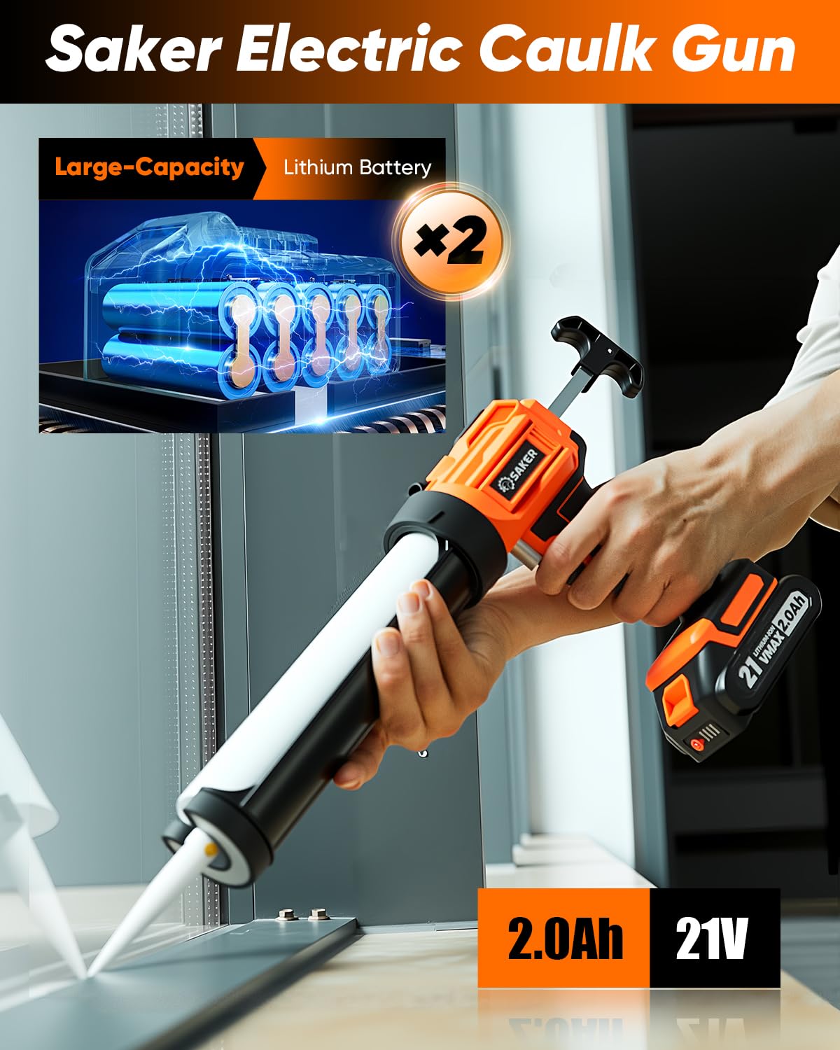 Saker cordless caulk gun anti-drip system prevents mess and waste.