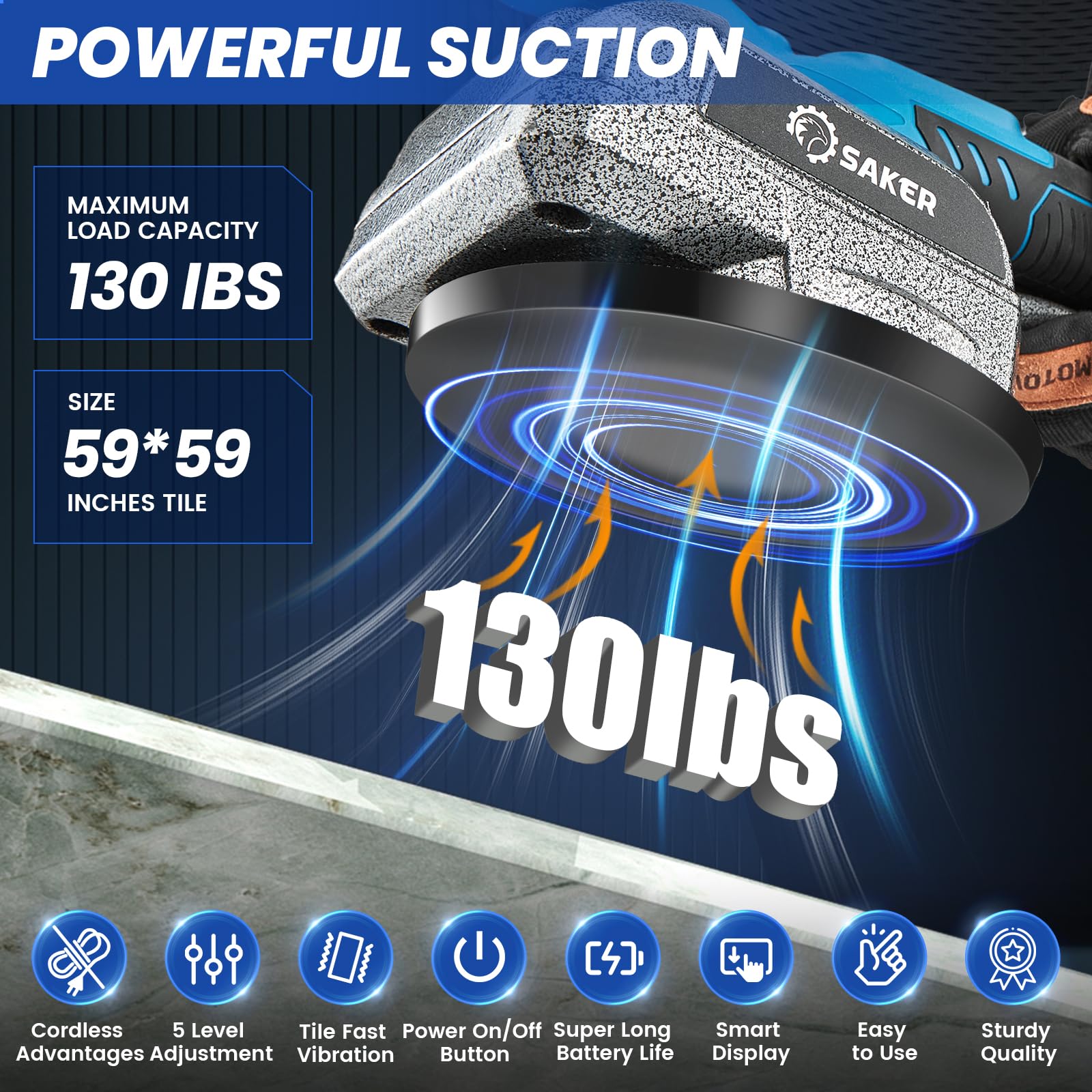Saker tile vibration tool smart display shows vibration level for precise pacing