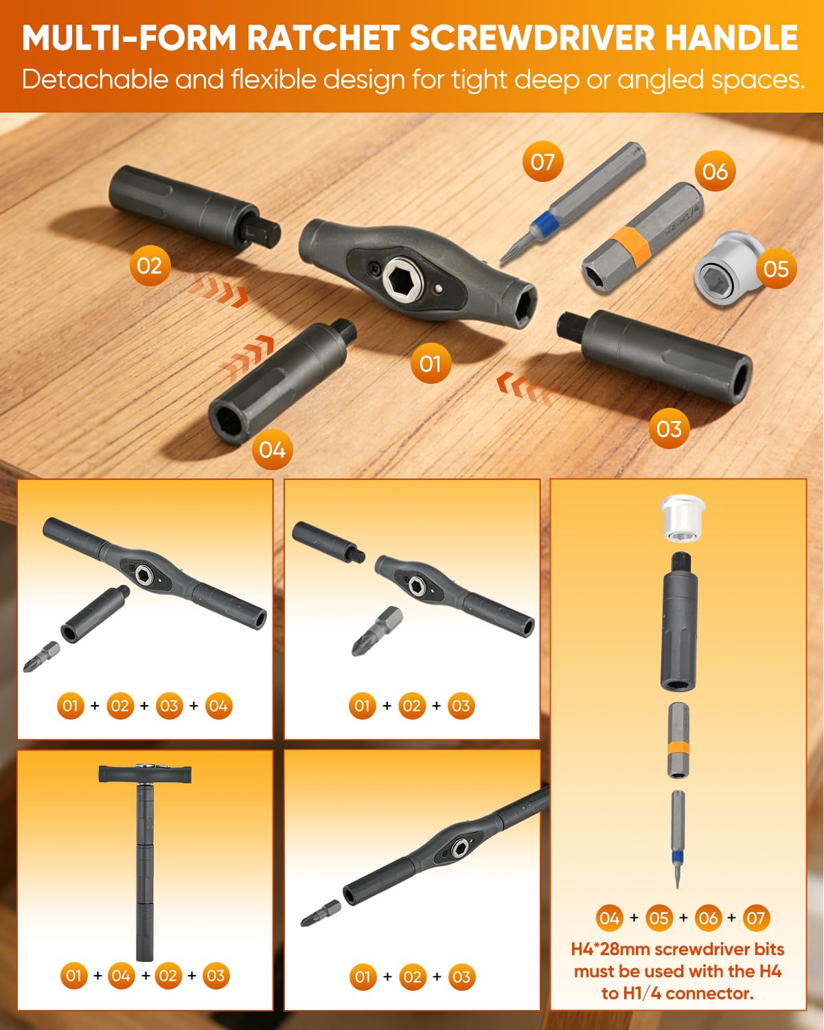 Saker detachable handle with ratcheting action for flexible screw driving.