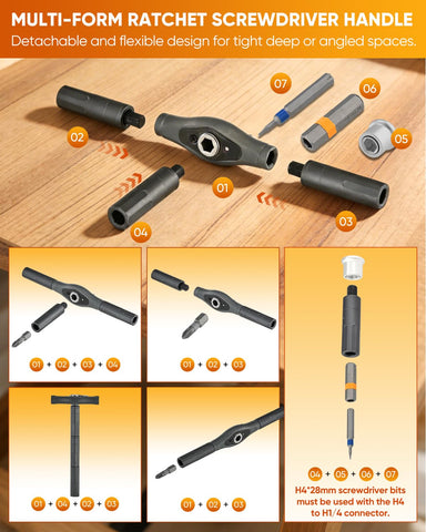 Saker detachable handle with ratcheting action for flexible screw driving.