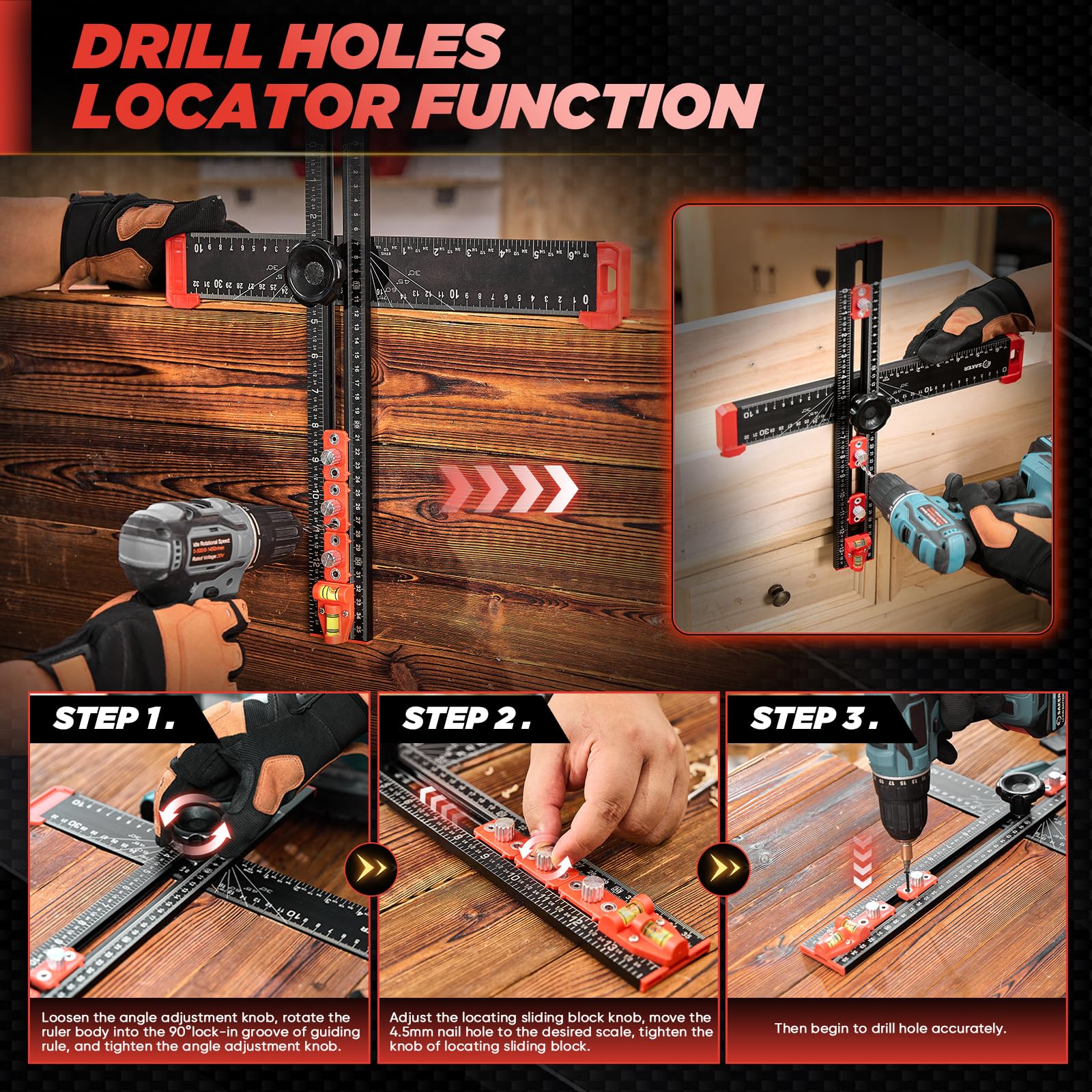Saker drawer and door drilling template for hinges and holes