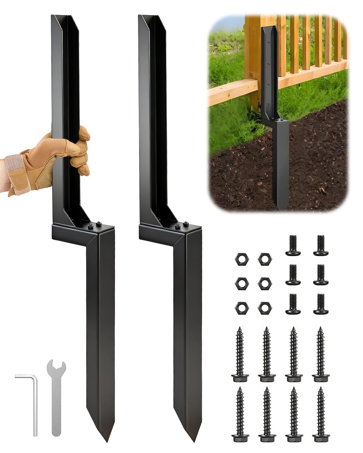 Saker fence post repair kit with steel anchors stabilizing leaning posts.