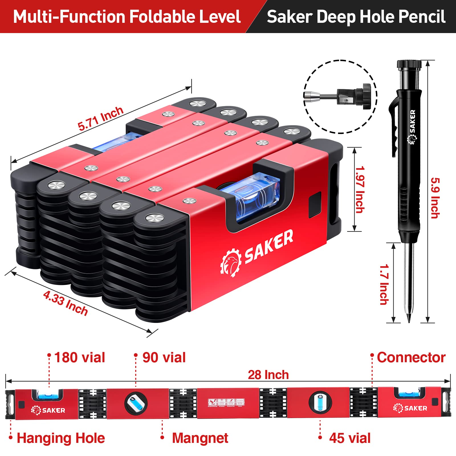 Saker foldable level with four blue vials for accuracy
