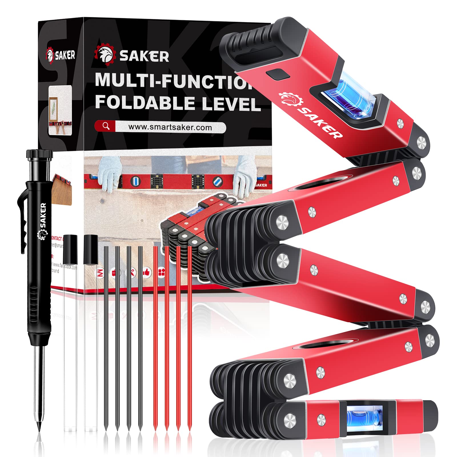 Saker foldable level compact storage in hand during setup