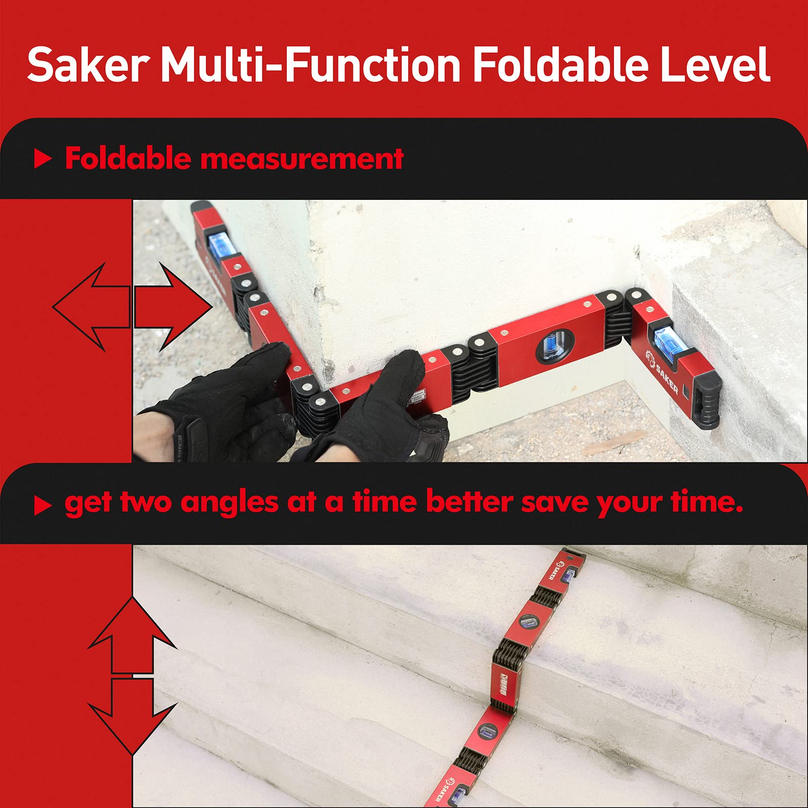 Saker hinged level tool supports quick angle measurements in tight spaces.
